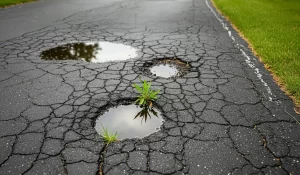 Cracked concrete driveway surface