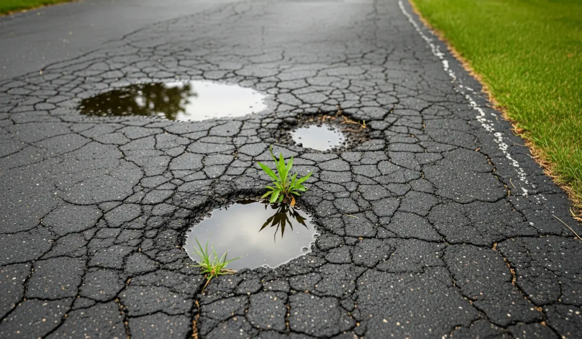 Cracked concrete driveway surface