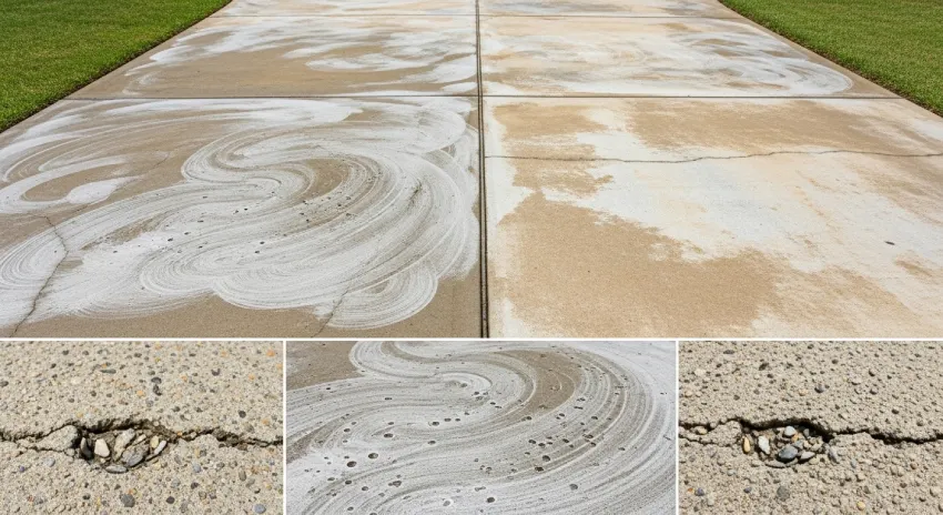 Damaged concrete driveway surface spalling
